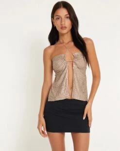 Runi Butterfly Top In Sequin Light Bronze -Outlet Modi Vora Store RESHOOT RUNI TOP STONE CLEAR SEQUIN 160303