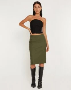 Sekoji Side Slit Midi Skirt In Khaki -Outlet Modi Vora Store RESHOOT SEKOJI SKIRT KHAKI 156303