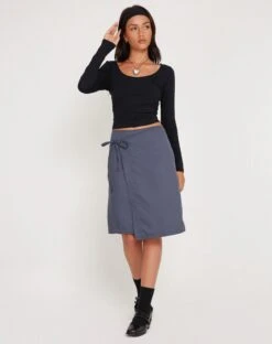 Yarbie Wrap Detail Midi Skirt In Charcoal Navy