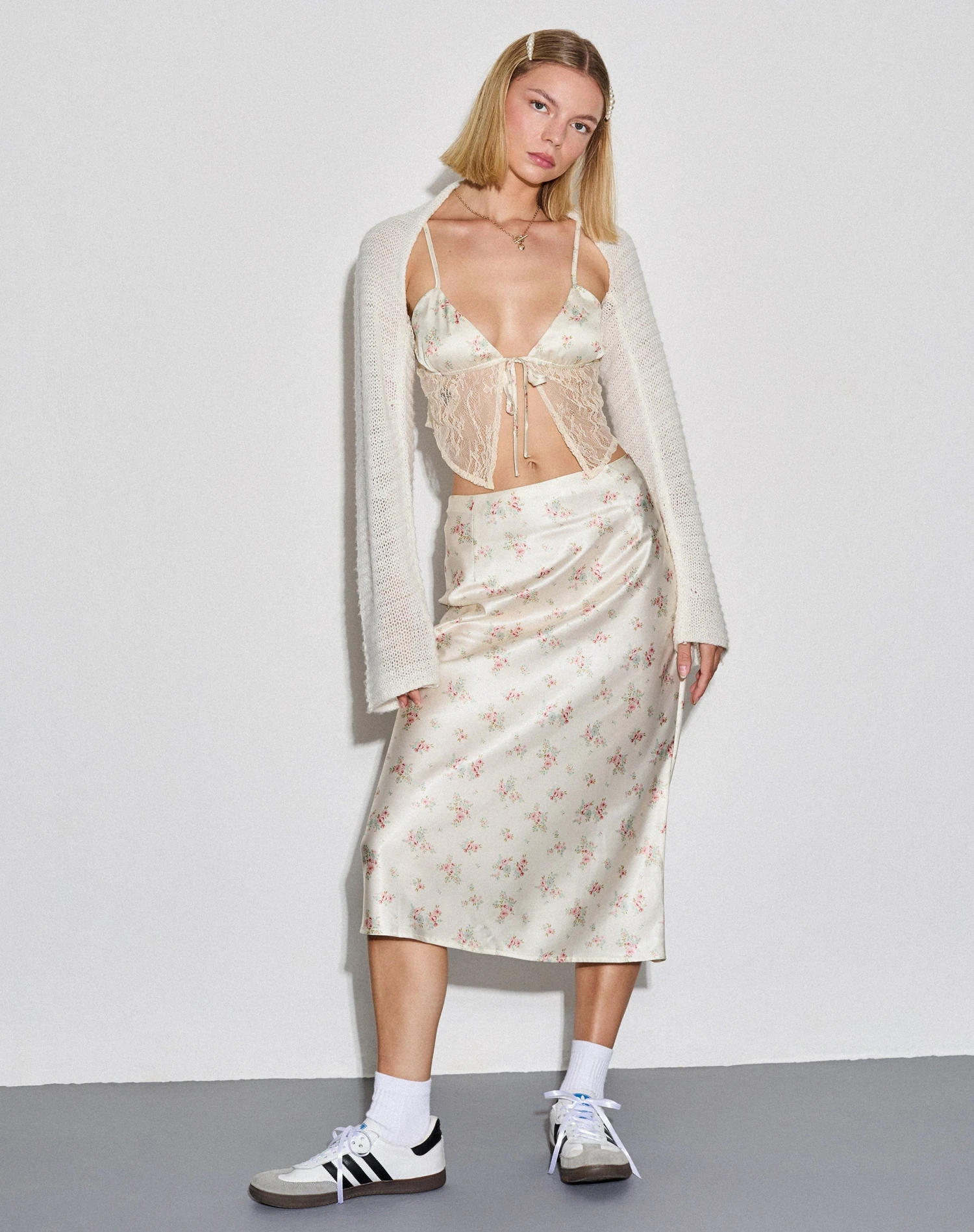 Piya Midi Skirt In Satin Vintage Rose Garland 2 Piya Midi Skirt In Satin Vintage Rose Garland - Image 2