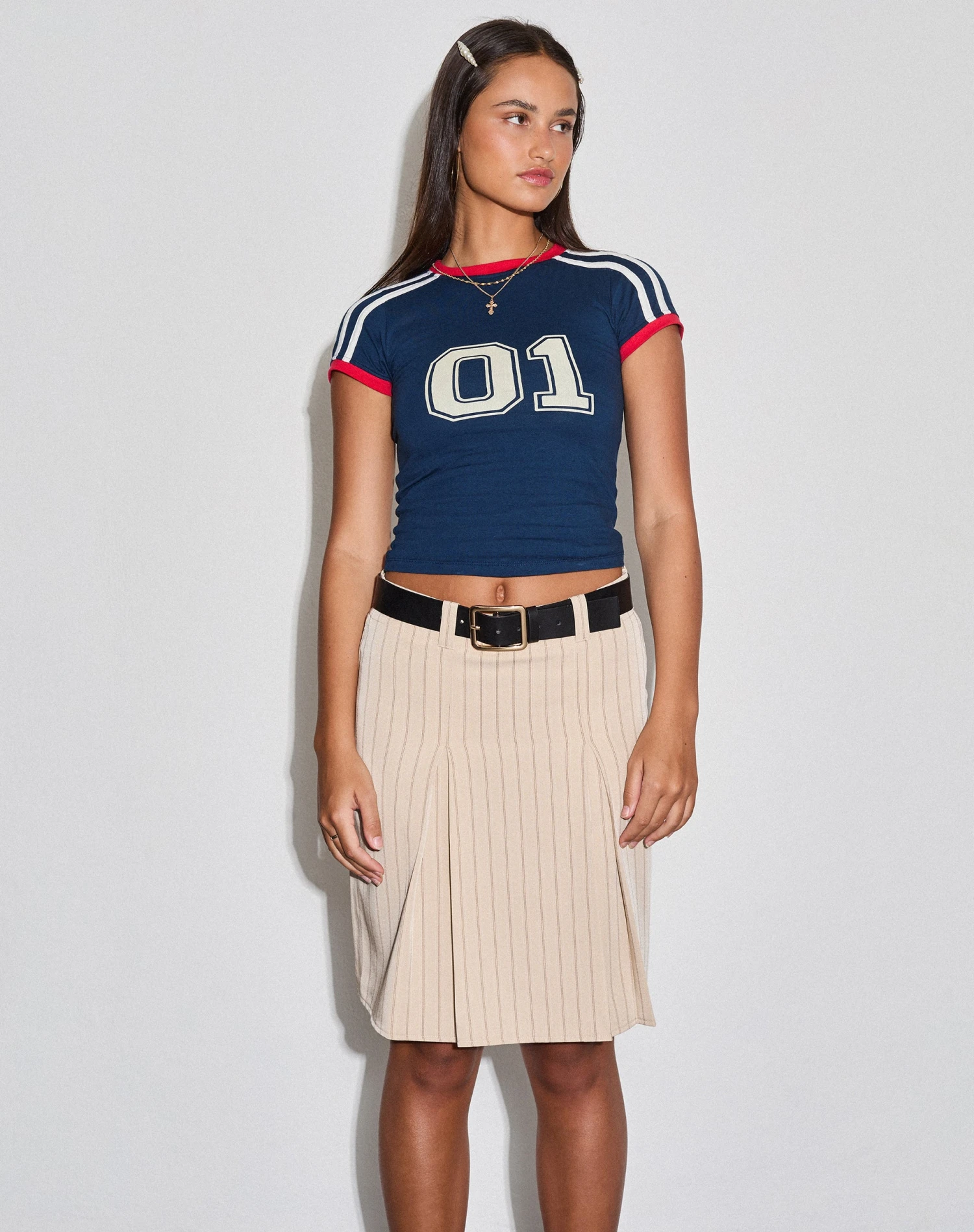 Lia Pleated Midi Skirt In Tailoring Tan Pinstripe 2 Lia Pleated Midi Skirt In Tailoring Tan Pinstripe - Image 2