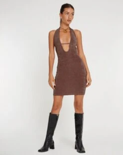 Savilla Halterneck Mini Dress In Peppercorn -Outlet Modi Vora Store SAVILLA DRESS SLINKY DREPE NEUTRAL 134991
