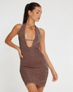 Savilla Halterneck Mini Dress In Peppercorn -Outlet Modi Vora Store SAVILLA DRESS SLINKY DREPE NEUTRAL 1350