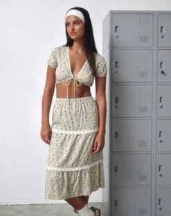 Maxce Low Rise Midi Skirt In Antique Blue And Ivory Floral -Outlet Modi Vora Store SKISE TOP MAXCE SKIRT ANTIQUE BLUE FLORAL IVORY 20 2