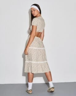 Maxce Low Rise Midi Skirt In Antique Blue And Ivory Floral -Outlet Modi Vora Store SKISE TOP MAXCE SKIRT ANTIQUE BLUE FLORAL IVORY 6