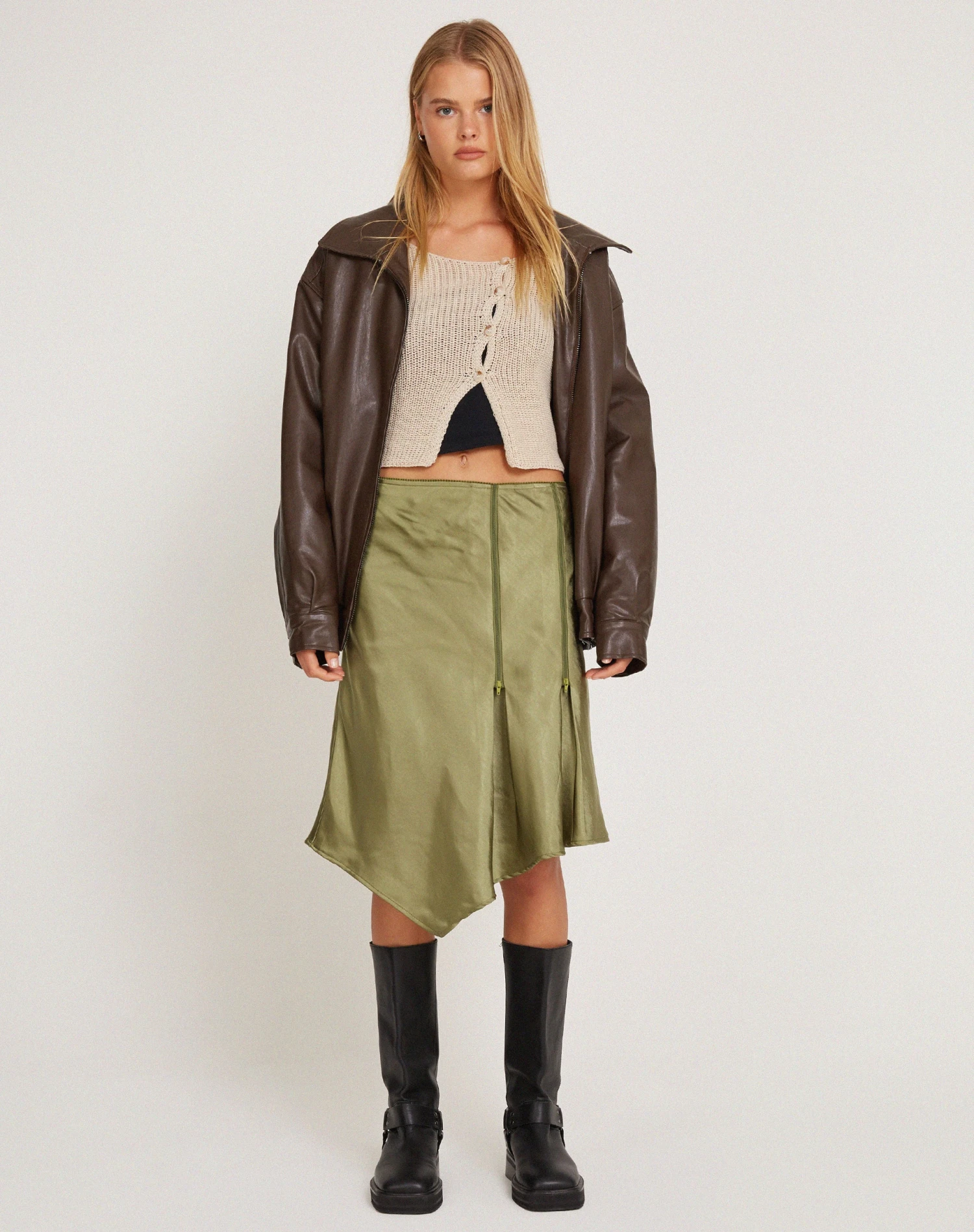 Slaza Midi Skirt In Satin Olive 2 Slaza Midi Skirt In Satin Olive - Image 2