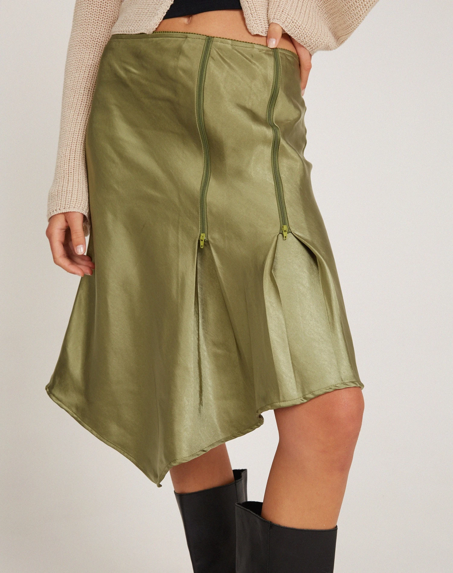 Slaza Midi Skirt In Satin Olive 3 Slaza Midi Skirt In Satin Olive - Image 3