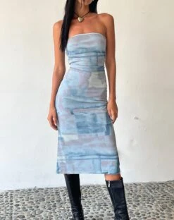 MOTEL X JACQUIE Suki Bandeau Midi Dress In Mesh Abstract Paint Brush Blue