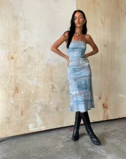 MOTEL X JACQUIE Suki Bandeau Midi Dress In Mesh Abstract Paint Brush Blue -Outlet Modi Vora Store SUKI DRESS MESH ABSTRACT PAINT BRUSH PINK 8