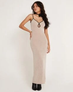 Tahlia Maxi Dress In Champagne With Black Binding -Outlet Modi Vora Store TAHLIA MAXI DRESS CREPE CHAMPAGNE BLACK BIND 171058