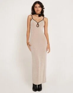 Tahlia Maxi Dress In Champagne With Black Binding -Outlet Modi Vora Store TAHLIA MAXI DRESS CREPE CHAMPAGNE BLACK BIND 171063