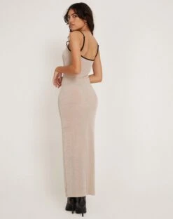 Tahlia Maxi Dress In Champagne With Black Binding -Outlet Modi Vora Store TAHLIA MAXI DRESS CREPE CHAMPAGNE BLACK BIND 171069