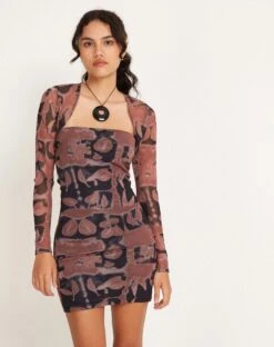 Tara Bandeau Dress And Shrug Set In Botanical Bleed Black -Outlet Modi Vora Store TARA DRESS MESH BOTANICAL BLEED 175865