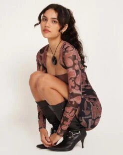 Tara Bandeau Dress And Shrug Set In Botanical Bleed Black -Outlet Modi Vora Store TARA DRESS MESH BOTANICAL BLEED 175872