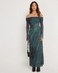 Terra Bardot Midi Dress In Cityscape Green -Outlet Modi Vora Store TERRA DRESS CITYSCAPE GREEN 170799