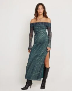 Terra Bardot Midi Dress In Cityscape Green -Outlet Modi Vora Store TERRA DRESS CITYSCAPE GREEN 170820