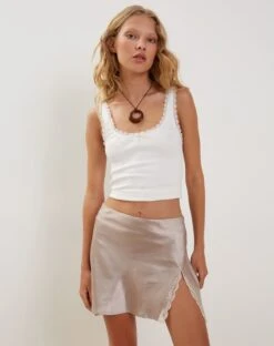 Thelma Mini Skirt In Satin Champagne -Outlet Modi Vora Store THELMA SKIRT SATIN CHAMPAGNE196187
