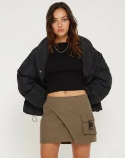 Trin Low Waisted Mini Skirt In Military Khaki -Outlet Modi Vora Store TRIN SKIRT MILITARY KHAKI PANAMA 158496