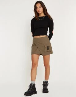 Trin Low Waisted Mini Skirt In Military Khaki -Outlet Modi Vora Store TRIN SKIRT MILITARY KHAKI PANAMA 158503