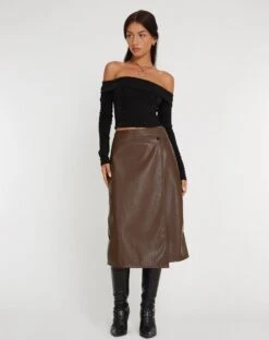 Utari Midi Skirt In PU Brown -Outlet Modi Vora Store UTARI SKIRT PU BROWN 134820