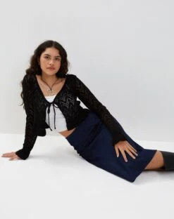 Eames Midi Skirt In Denim Indigo Blue -Outlet Modi Vora Store VELLA KNITTED CARDI BLACK EAMES SKIRT INDIGO BLUE190582