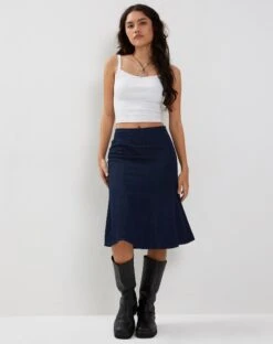 Eames Midi Skirt In Denim Indigo Blue -Outlet Modi Vora Store VELLA KNITTED CARDI BLACK EAMES SKIRT INDIGO BLUE190600