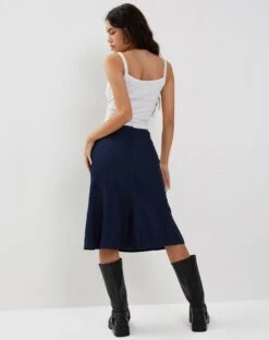 Eames Midi Skirt In Denim Indigo Blue -Outlet Modi Vora Store VELLA KNITTED CARDI BLACK EAMES SKIRT INDIGO BLUE190611