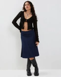 Eames Midi Skirt In Denim Indigo Blue -Outlet Modi Vora Store VELLA KNITTED CARDI BLACK EAMES SKIRT INDIGO BLUE190624
