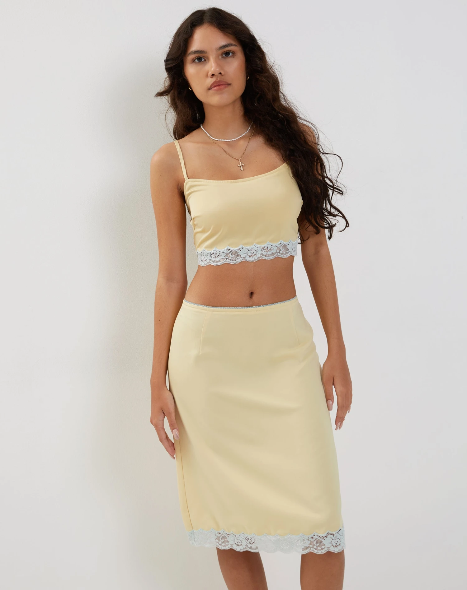 Resika Low Rise Midi Skirt In Satin Pale Yellow 2 Resika Low Rise Midi Skirt In Satin Pale Yellow - Image 2
