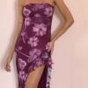 Weti Bandeau Mini Dress With Waterfall Hem In Watercolour Floral Berry