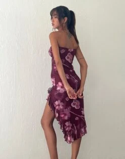 Weti Bandeau Mini Dress With Waterfall Hem In Watercolour Floral Berry -Outlet Modi Vora Store WETI DRESS WATERCOLOUR FLORAL BERRY 2
