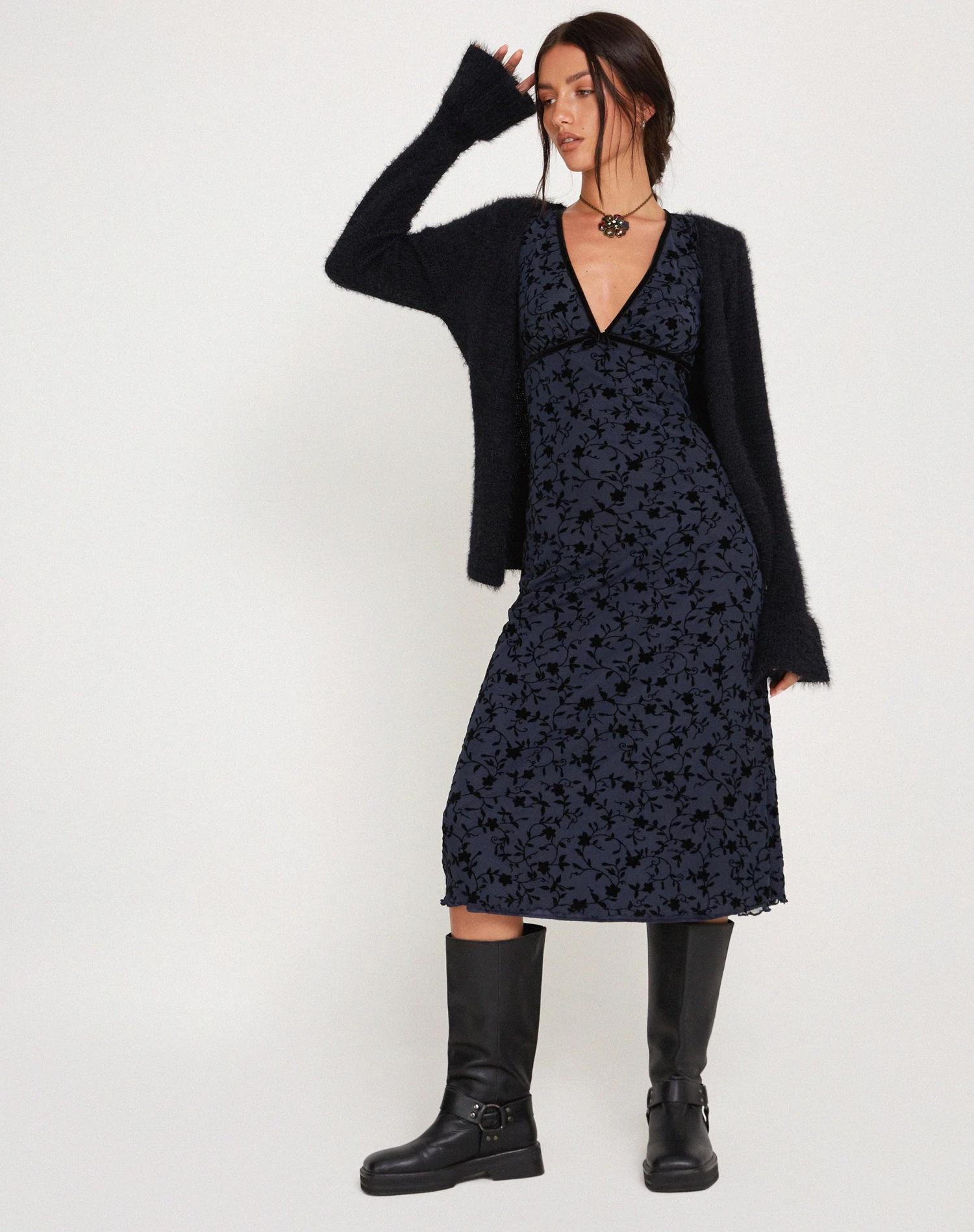 Vilinia Midi Dress In Pretty Petal Flock Black 4 Vilinia Midi Dress In Pretty Petal Flock Black - Image 4